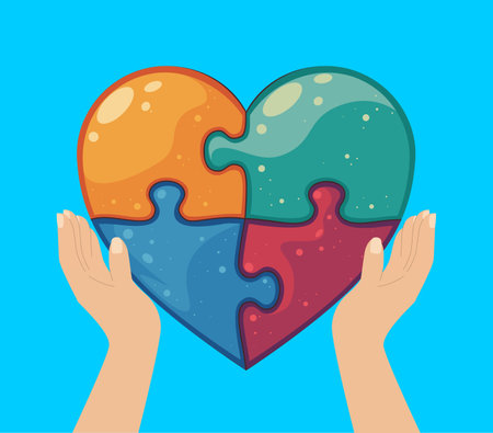 Bright vector illustration of a heart made of four colorful puzzle pieces and two human hands. Symbol of love, unity, teamwork, connection, autism awareness, relationship, cooperation, and diversityのイラスト素材