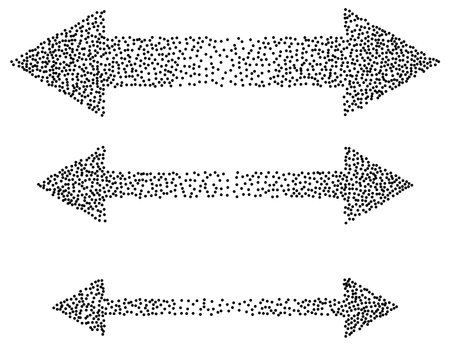 Abstract vector set of dotted double-sided arrows pointing left and right. Stylized black dot pattern forming arrow shapes. Horizontal direction, geometric design, clean and minimal style.のイラスト素材