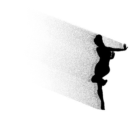 Elegant silhouette of a dancing woman with particles flow. Ideal for dance-themed designs, the image symbolizes the beauty and fluidity of dance. Perfect for artistic projects and dance promotions.のイラスト素材