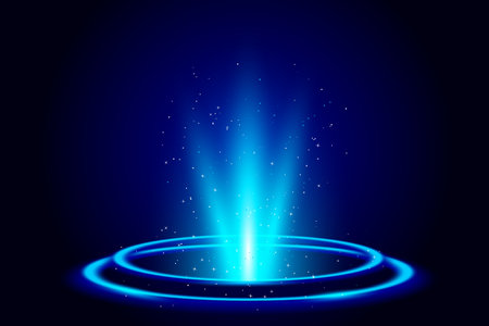 Abstract luminous teleportation portal made of glowing circle and sparkles with blue radiance. Perfect for sci-fi, fantasy, or tech-themed projects. Blue tech fantastic game portal with light effect.のイラスト素材