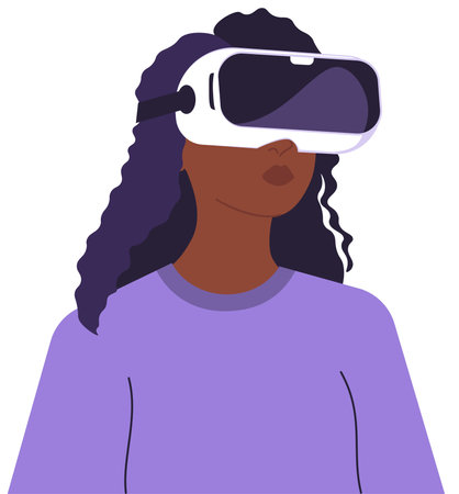Illustration of a dark skinned woman immersed in virtual reality, showcasing innovation and futuristic technology. Woman in VR glasses, meta universe of entertainment concept. Flat style designのイラスト素材