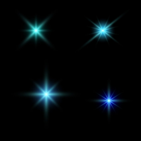 Illustration of blue sparkling stars on a black background. For cosmic, magical, or festive designs, posters, invitations, or digital art. Sparkling stars, flickering and flashing lights effect.のイラスト素材