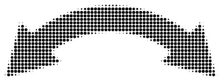 Abstract retro illustration of round halftone double sided arrow pointing left and right. Black circular dot pattern, geometric arrow shapes. Minimalistic, horizontal orientation, abstract design.のイラスト素材