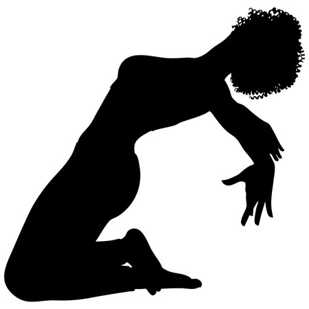 Silhouette of a woman performing a contemporary dance pose. The female figure shows elegance, movement, and flexibility with expressive hand and body positioning. Athletic woman practice modern danceのイラスト素材