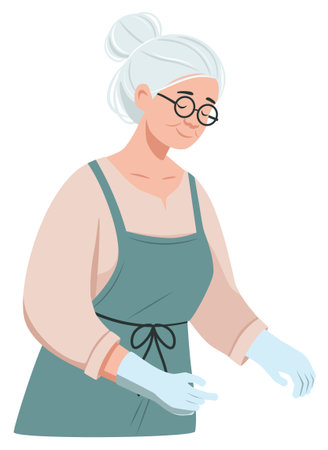 Senior woman, light skinned, with white hair styled in a bun. She wears glasses and a light peach colored shirt, a teal apron, and light blue disposable gloves. The image has a flat, cartoonish styleのイラスト素材