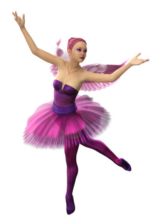 Graceful ballerina with pink wings in a purple tutu, in a dynamic dance pose. Ideal for fantasy, ballet, performance art, and magical themes. 3D illustration of a ballerina cupid girl with wings.の写真素材