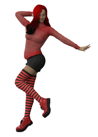 3D illustration of a girl with vibrant red black hair, wearing a red sweater, black mini skirt, and platform boots.の写真素材