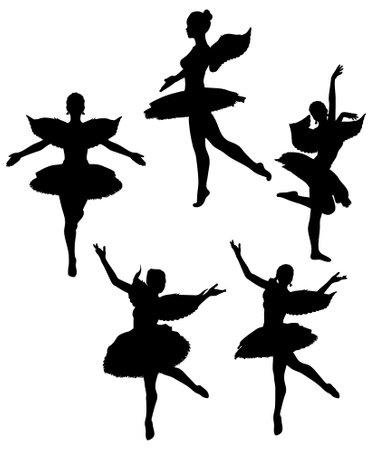 Silhouette of a graceful ballerina with wings in a dance pose. Elegant ballerina silhouette in tutu with angel wings, performing a classic ballet move. Fairy tale ballerina with bird wings, cupid.のイラスト素材