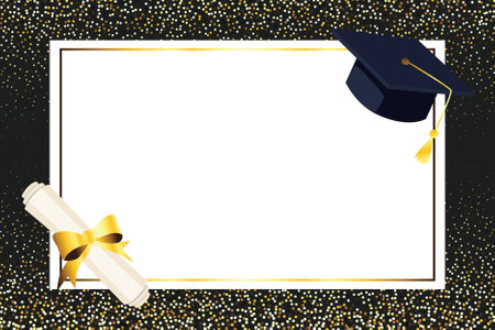 Graduation golden glitter background template with academic cap and diploma scroll. Graduation background for school and college, or university award, achievement, and education design projects.のイラスト素材
