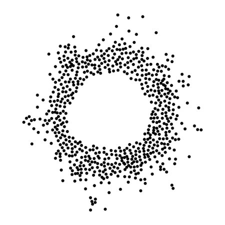 Abstract composition featuring a frame of dots, round particles. Ideal for modern and artistic designs. Stipple grunge background illustration, ink dots effect. Grain dotted grunge round frame.のイラスト素材