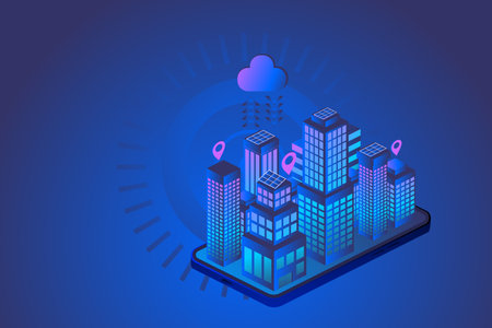 Modern buildings on smartphone screen in isometric view. Abstract cityscape perspective displayed on a smartphone. Ideal for technology and urban design concepts, digital technology, urban landscape.のイラスト素材