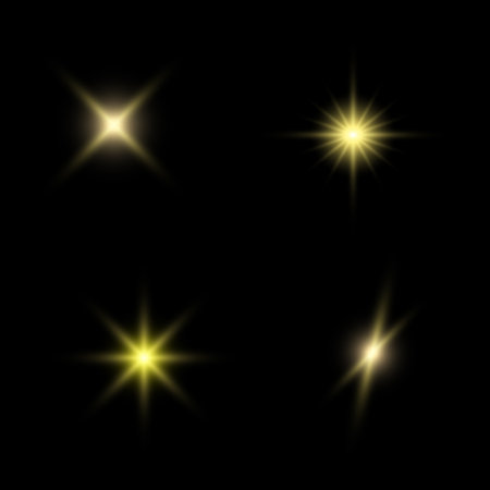 Illustration of yellow sparkling stars on a black background. For cosmic, magical, or festive designs, posters, invitations, or digital art. Sparkling stars, flickering and flashing lights effect.のイラスト素材