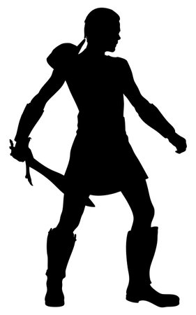 Abstract silhouette of an ancient warrior holding a sword in a dynamic pose. Ideal for book covers, game design, or historical projects. Male warrior black silhouette clipart illustration.のイラスト素材