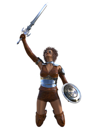 3D render of a powerful curly-haired dark skinned warrior woman in armor, holding a sword and shield. Fierce female fighter, combat pose, tribal face paint, leather boots, and medieval weapons.の写真素材