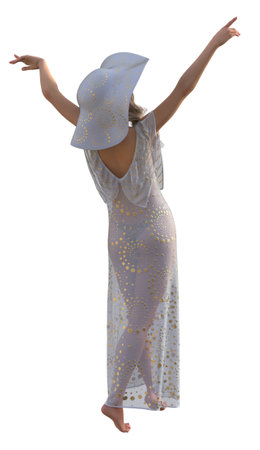 Elegant barefoot woman in a white sheer summer dress and wide-brimmed hat posing, wearing translucent fashion with golden dot patterns, 3D illustration. Woman in bikini and sheer summer dress.の写真素材