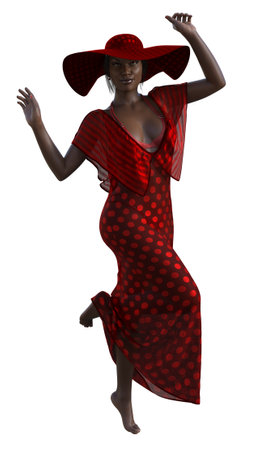 Graceful barefoot woman in flowing red polka dot dress and wide-brimmed hat, radiating elegance, style, and confident summer fashion, 3D illustration.の写真素材