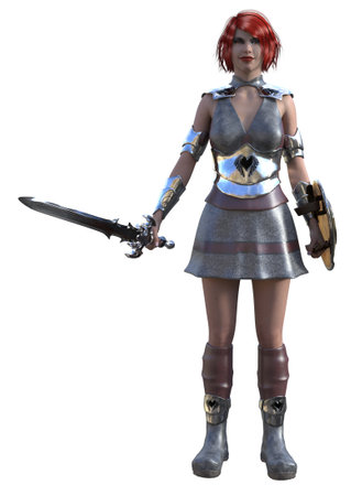 3D illustration of a fierce red-haired female warrior in armor, wielding a sword and shield. Strong stance, fantasy battle scene, medieval combat, warrior woman character with intense expression.の写真素材