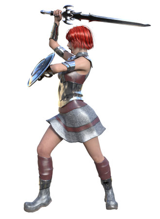 3D illustration of a fierce red-haired female warrior in armor, wielding a sword and shield. Strong stance, fantasy battle scene, medieval combat, warrior woman character with intense expression.の写真素材