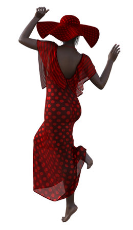 Graceful barefoot woman in flowing red polka dot dress and wide-brimmed hat, radiating elegance, style, and confident summer fashion, 3D illustration.の写真素材