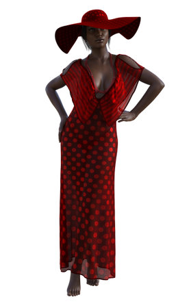Graceful barefoot woman in flowing red polka dot dress and wide-brimmed hat, radiating elegance, style, and confident summer fashion, 3D illustration.の写真素材