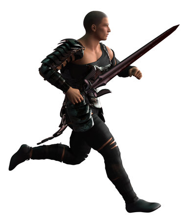 Abstract dynamic 3D illustration of a male warrior with a sword, dressed in dark battle armor. The character is in motion, showing strength, readiness, and determination in a combat pose.の写真素材