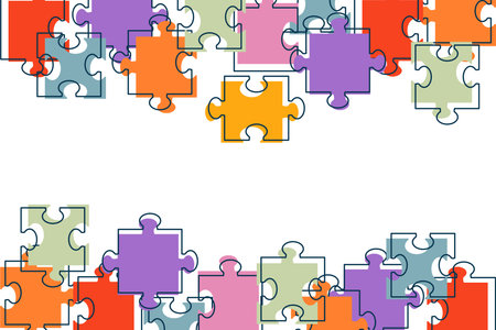 Colorful jigsaw puzzle pieces create a vibrant border as abstract background. The design highlights concepts of connection, teamwork, problem solving, game, and education. Colorful puzzle bannerのイラスト素材