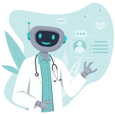 Illustration of a cheerful robot doctor in a lab coat with a stethoscope, interacting with medical data and icons. Concept for robotization in modern healthcare systems. Robot doctor with plants.のイラスト素材