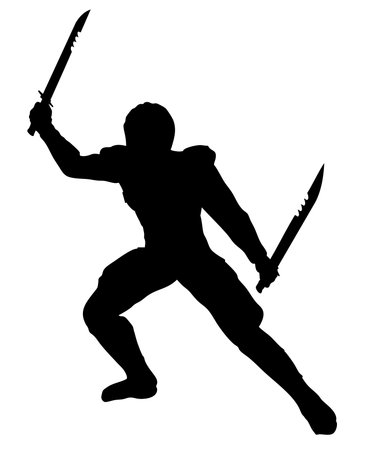 Silhouette of a male warrior standing in battle-ready pose with a large sword. The bold black outline highlights strength, fantasy themes, and heroic medieval concepts.のイラスト素材