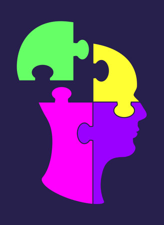 Bright colorful puzzle pieces forming a human head symbolizing psychology, mental health, intelligence, logic, and connection. Abstract illustration representing teamwork and brain function.のイラスト素材