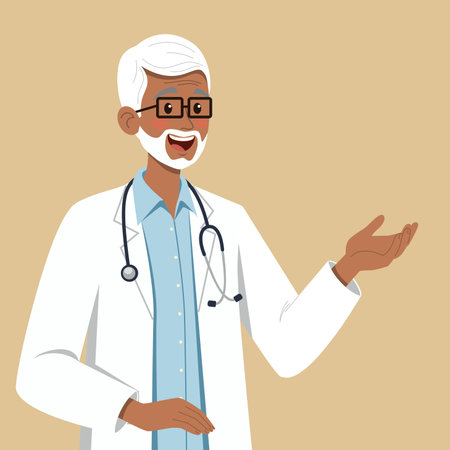 Illustration of a smiling senior male doctor wearing a white coat and stethoscope, gesturing with one hand as if explaining or giving advice. Ideal for healthcare and medical themes.のイラスト素材