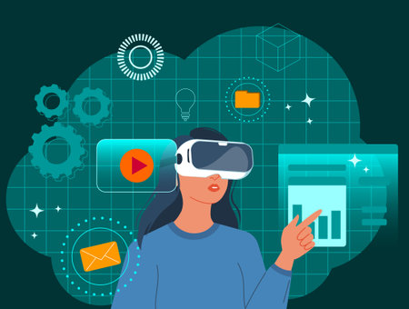 Futuristic woman using virtual reality headset, innovation and digital future concepts. Modern woman with VR headset working with business data. Virtual interface with science and technology icons.のイラスト素材