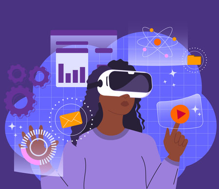 Futuristic dark skinned woman using virtual reality headset. Modern woman with VR headset working with business data. Virtual interface with science and technology icons, digital future concepts.のイラスト素材