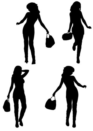 Black silhouette of stylish woman in high heels holding handbag. Ideal for fashion, shopping themed illustrations, lifestyle, glamour, beauty, and modern female design concepts.のイラスト素材