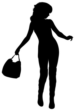 Black silhouette of stylish woman in high heels holding handbag. Ideal for fashion, shopping themed illustrations, lifestyle, glamour, beauty, and modern female design concepts.のイラスト素材