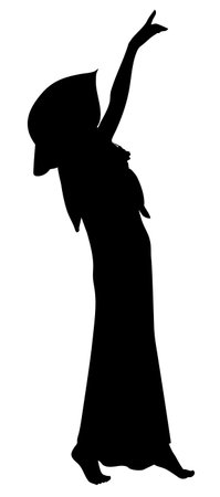 Detailed silhouette of a woman dancing gracefully in a long dress and wide-brimmed hat. The barefoot female figure strikes a dynamic pose, expressing elegance, joy, and freedom in motion.のイラスト素材