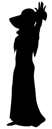 Detailed silhouette of a woman dancing gracefully in a long dress and wide-brimmed hat. The barefoot female figure strikes a dynamic pose, expressing elegance, joy, and freedom in motion.のイラスト素材