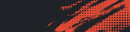 Illustration of a bold red halftone pattern combined with distressed grunge brush strokes on a black...