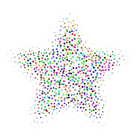 Abstract colorful stipple gradient halftone star, dotted textures of holographic color. Geometric noise star shaped, patterns are made of simple dots and grains. Stipple dotted star illustrationのイラスト素材