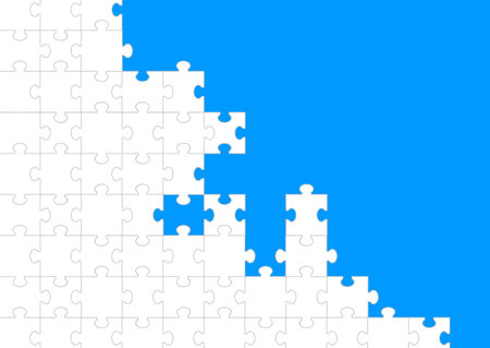 White jigsaw puzzle pieces create a minimalist border as abstract background. The design highlights concepts of connection, teamwork, problem solving, game, and education. White puzzle banner designのイラスト素材