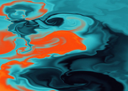 Abstract digital artwork featuring fluid swirling shapes in vibrant shades of blue and orange....