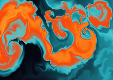 Abstract digital artwork featuring fluid swirling shapes in vibrant shades of blue and orange....