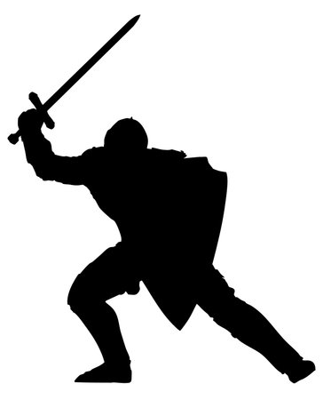 Silhouette of a medieval knight in a battle stance, holding a sword and a large shield. Ideal for fantasy themes, historical content, and heroic visual storytelling.のイラスト素材