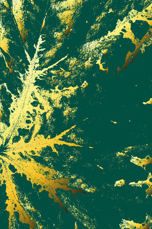 Grunge leaf design in vivid green and golden yellow tones showing detailed veins and organic structure. Perfect for backgrounds, eco art, botanical prints, and nature-inspired digital projects.のイラスト素材