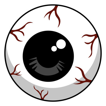 Stylized cartoon eye with a large black pupil, white sclera, and prominent red blood vessels. Perfect for Halloween, horror themes, or spooky graphic design projects.のイラスト素材