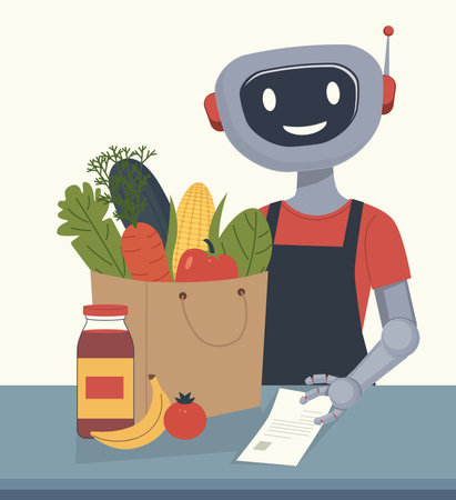 Illustration of smiling robot cashier wearing an apron, working at a checkout counter with a bag full of fresh groceries like corn, carrots, and bananas, representing automation in retail shopping.のイラスト素材