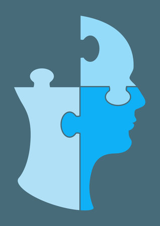 Silhouette of head made of blue puzzle pieces, symbolizing brain activity, education, memory and mental health. Abstract conceptual illustration of brain damage, psychological problems and stress.のイラスト素材