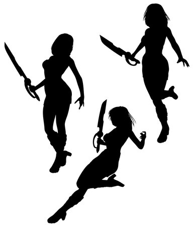 Illustration of a dynamic silhouette of a female warrior holding a sword. The figure stands in an action pose, highlighting strength, agility, and readiness for battle in a bold, minimalist style.のイラスト素材