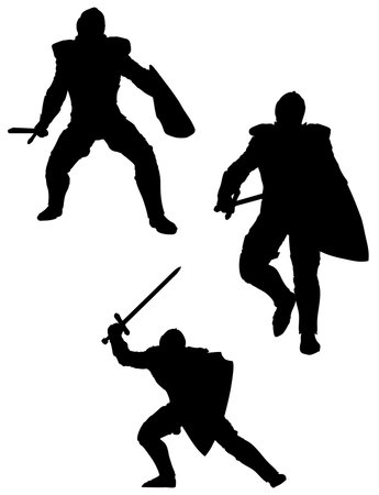 Silhouette of a medieval knight in a battle stance, holding a sword and a large shield. Ideal for fantasy themes, historical content, and heroic visual storytelling.のイラスト素材