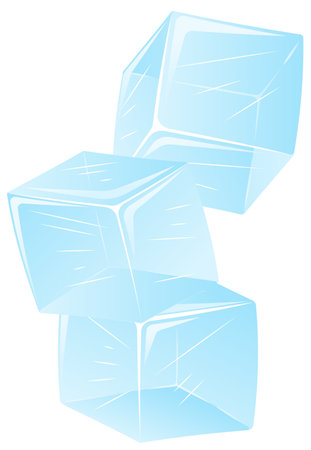 Illustration of three translucent ice cubes with sharp edges and realistic reflections, floating on a clean background. Ideal for food and drink designs.のイラスト素材