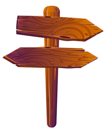 Illustration of a cartoon style wooden direction signpost featuring a textured arrow plank mounted on a vertical wooden pole. Ideal for games, maps, or adventure themed designs.のイラスト素材